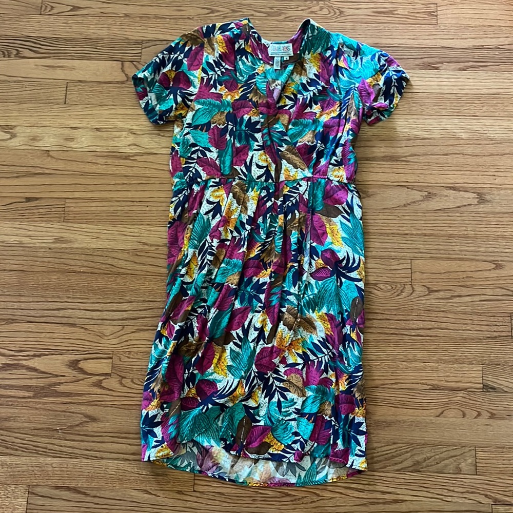 Colorayons Vintage 1980s Summer Jungle Tropical Print Pseudo Wrap Dress (Size 8)